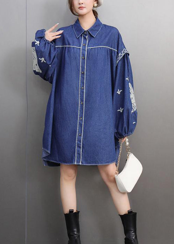 Blue Peter Pan Collar Embroidered Denin Long Shirts Lantern Sleeve