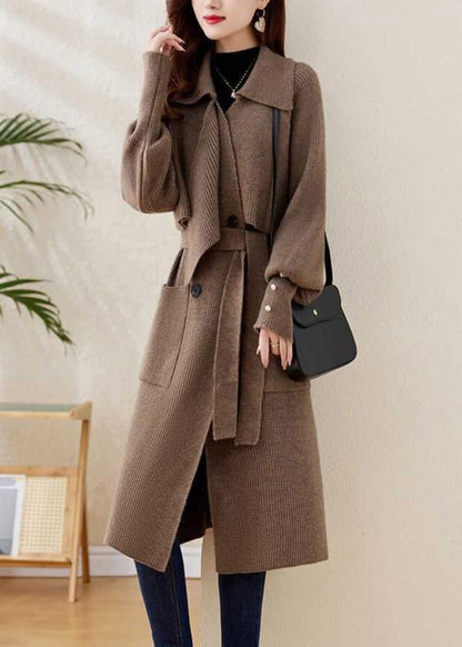 Grey Peter Pan Collar Tie Waist Knit Coats Winter