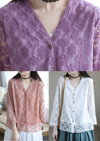 French Pink Embroidered Cotton Loose Cardigans Long Sleeve