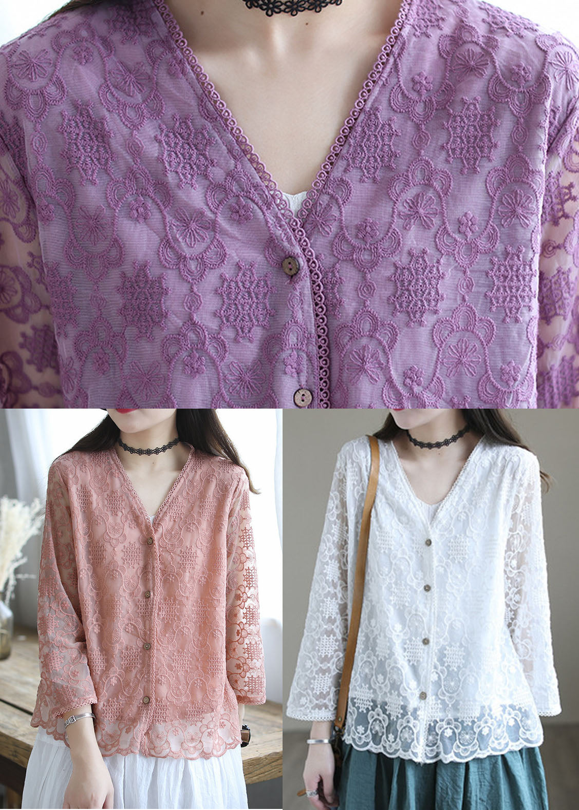 White V Neck Cotton Upf 50+ Cardigans Long Sleeve