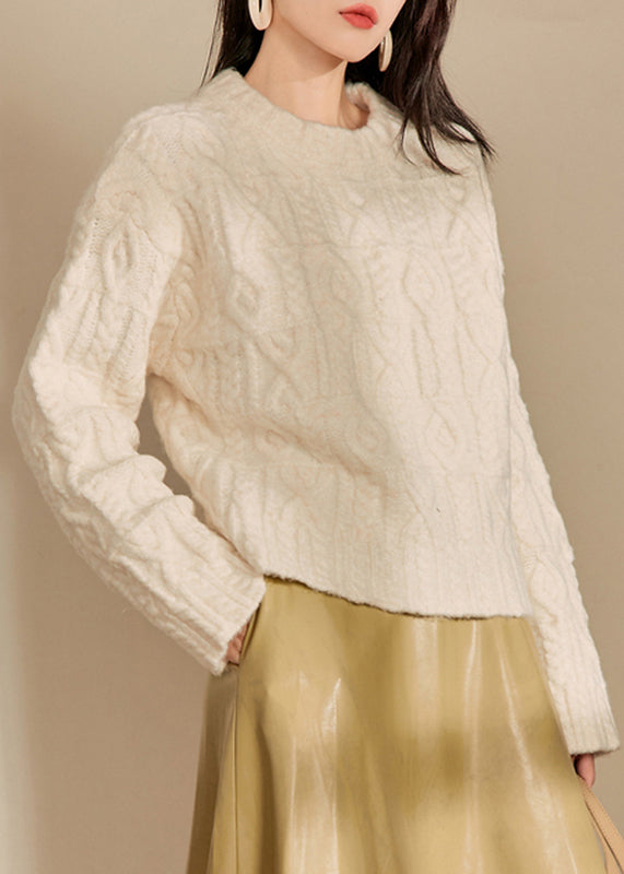 Natural Orange O-neck Cable Thick Cotton Knit Sweaters Winter