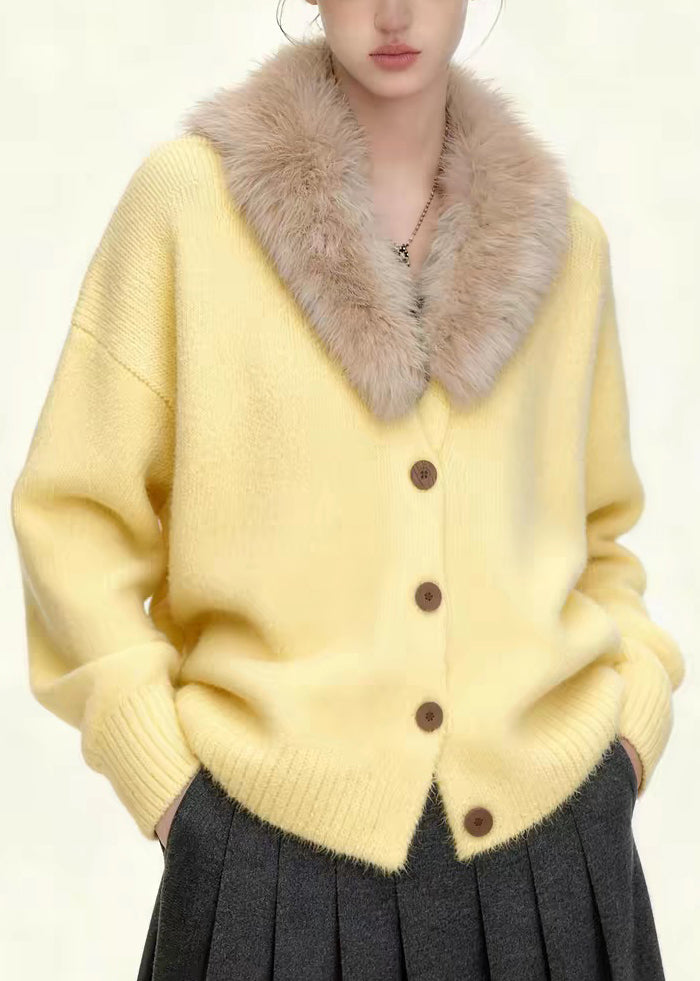 Coffee Fur Collar Button Patchwork Knit Coats Spring