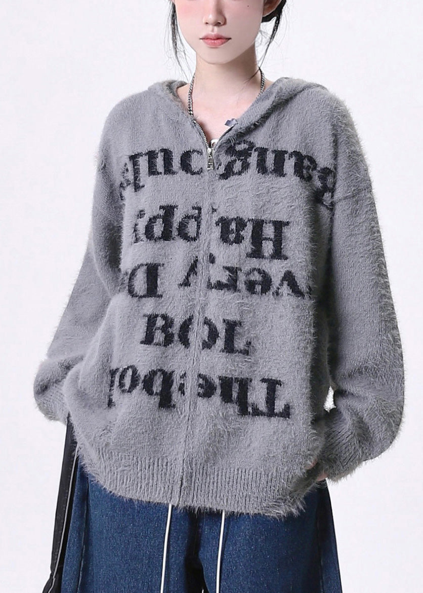 Diy Grey Oversized Letter Print Knit Hoodie Coat Spring
