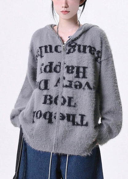 Diy Grey Oversized Letter Print Knit Hoodie Coat Spring