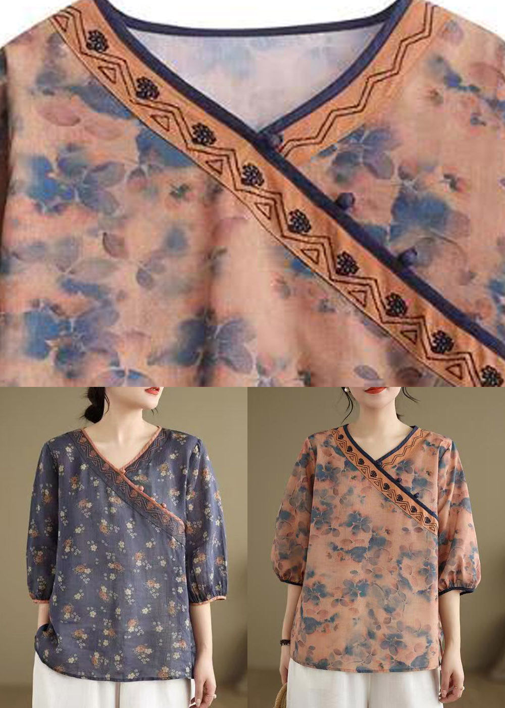 Organic Orange V Neck Print Low High Design Shirt Summer