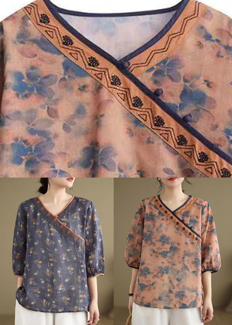 Organic Orange V Neck Print Low High Design Shirt Summer