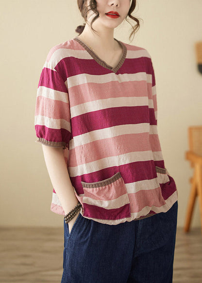 Loose Striped Patchwork O-neck T Shirts Short Sleeve