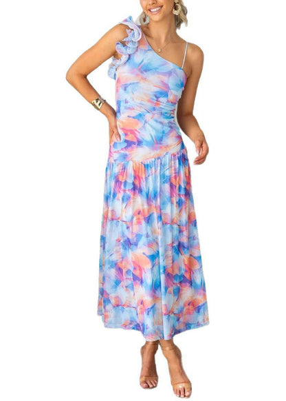 Purple Ruffled Print Tulle Spaghetti Strap Dresses Summer