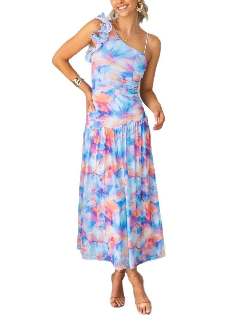 Purple Ruffled Print Tulle Spaghetti Strap Dresses Summer