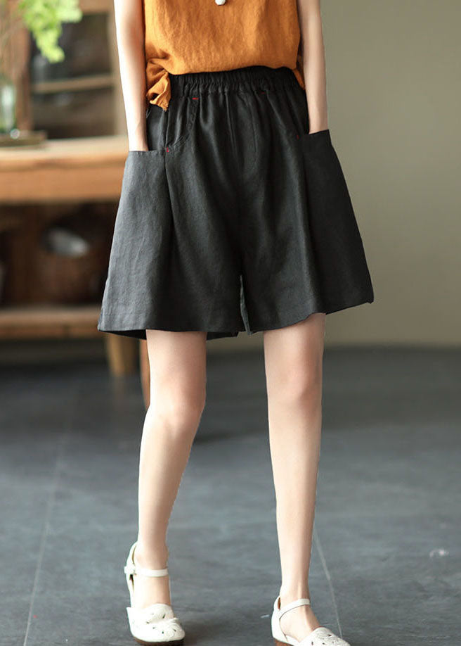 Black Elastic Waist Linen Shorts Trousers Summer