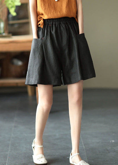 Black Elastic Waist Linen Shorts Trousers Summer