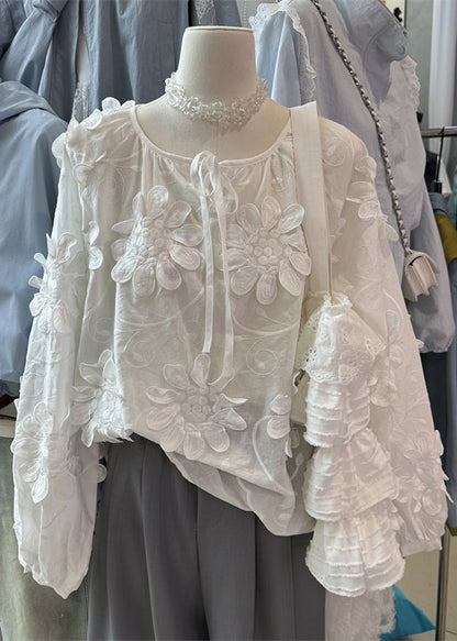 White Lace Up Cotton Blouses Top O Neck Fall