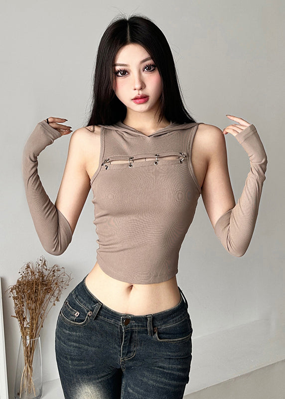 Khaki Patchwo Hollow Out Hooded Top Sleeveless