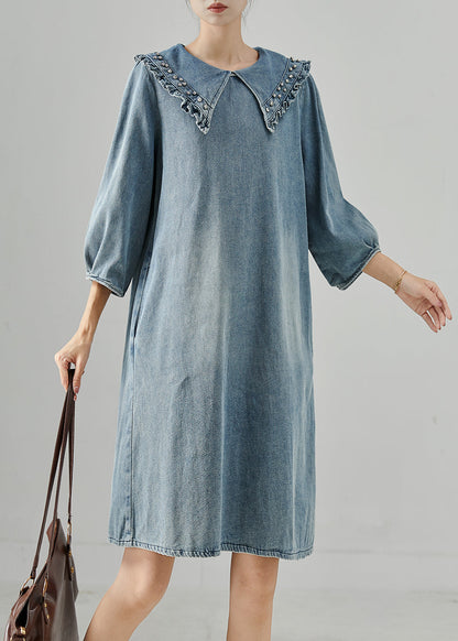 Blue Peter Pan Collar Rivet Denim Day Dress Bracelet Sleeve