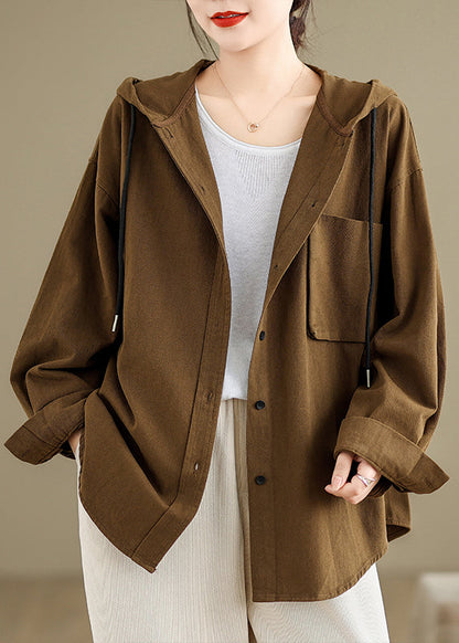 Brick Red Hooded Pockets Cotton Coat Fall