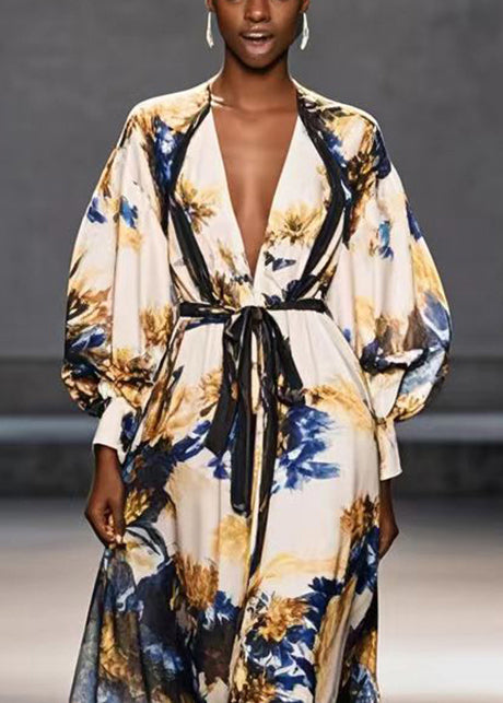 Apricot Tie Waist Print Chiffon Maxi Dresses Fall