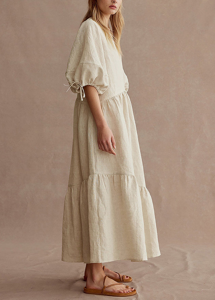 New Apricot O Neck Patchwork Linen Dress Lantern Sleeve
