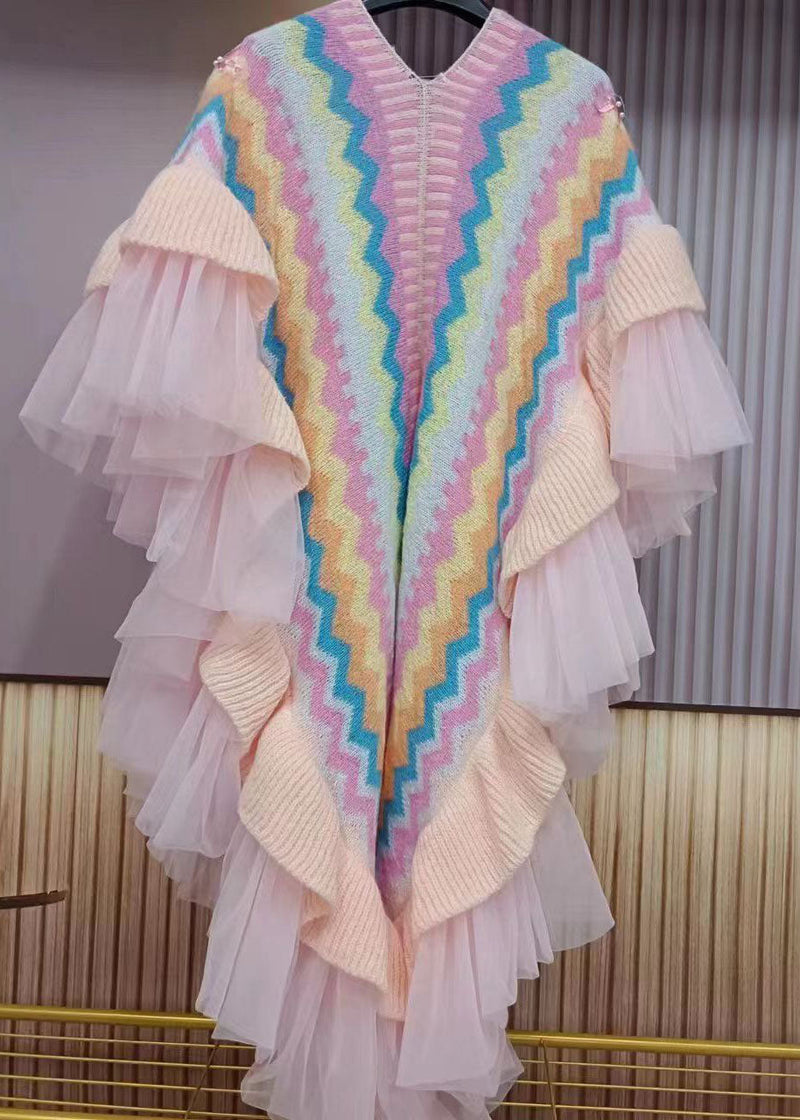 Organic Pink V Neck Striped Tulle Patchwork Nail Bead Knit Cardigans Fall