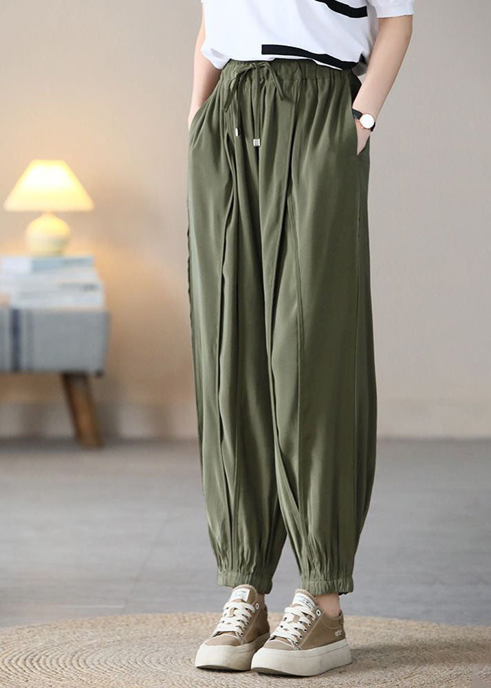 Army Green Silk Crop Pants Elastic Waist Wrinkled Fall