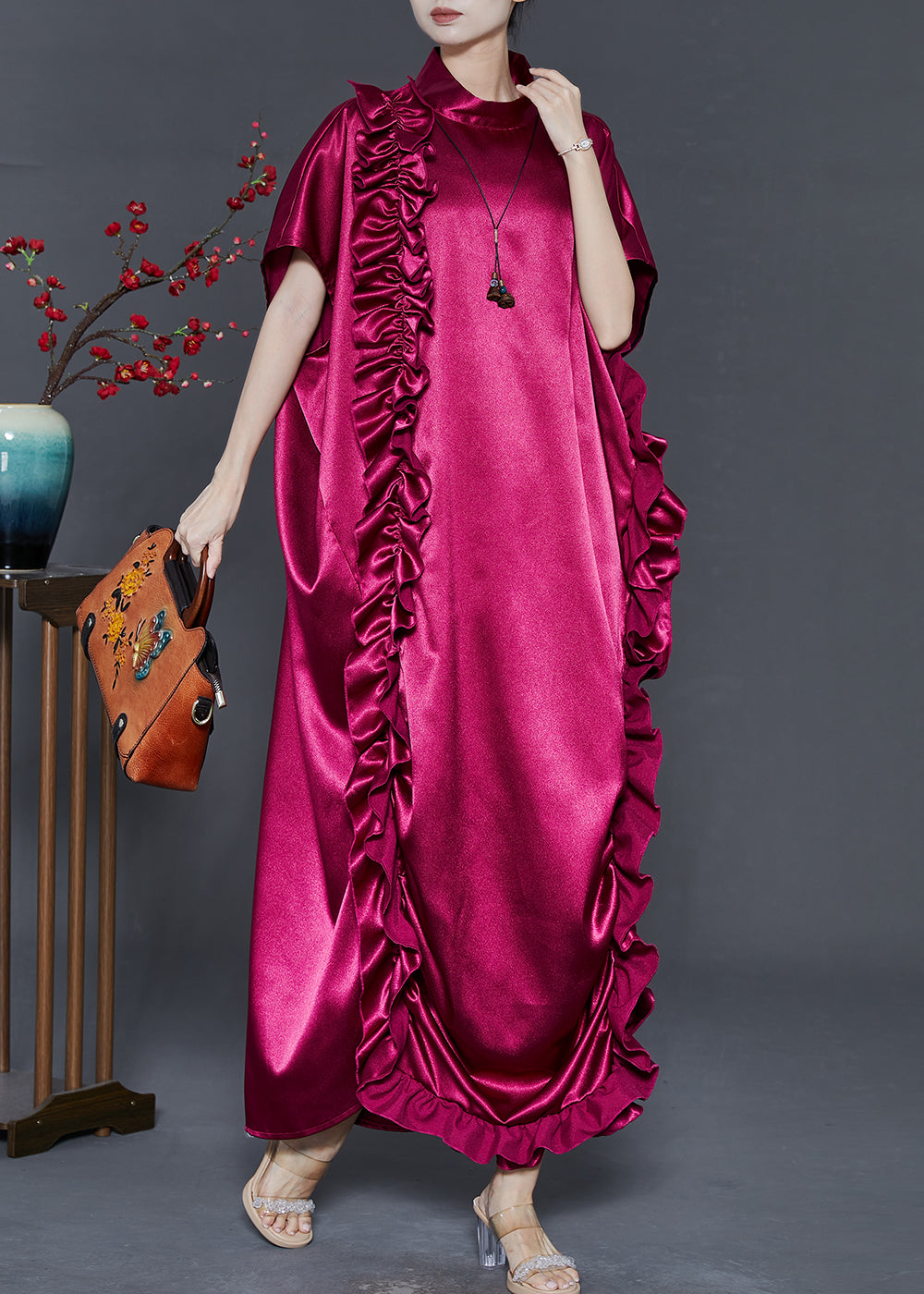 Diy Mulberry Stand Collar Ruffled Silk Dresses Summer