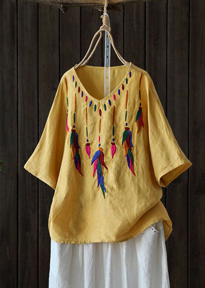 Classy Red Embroidered Low High Design V Neck Linen Shirt Top Short Sleeve