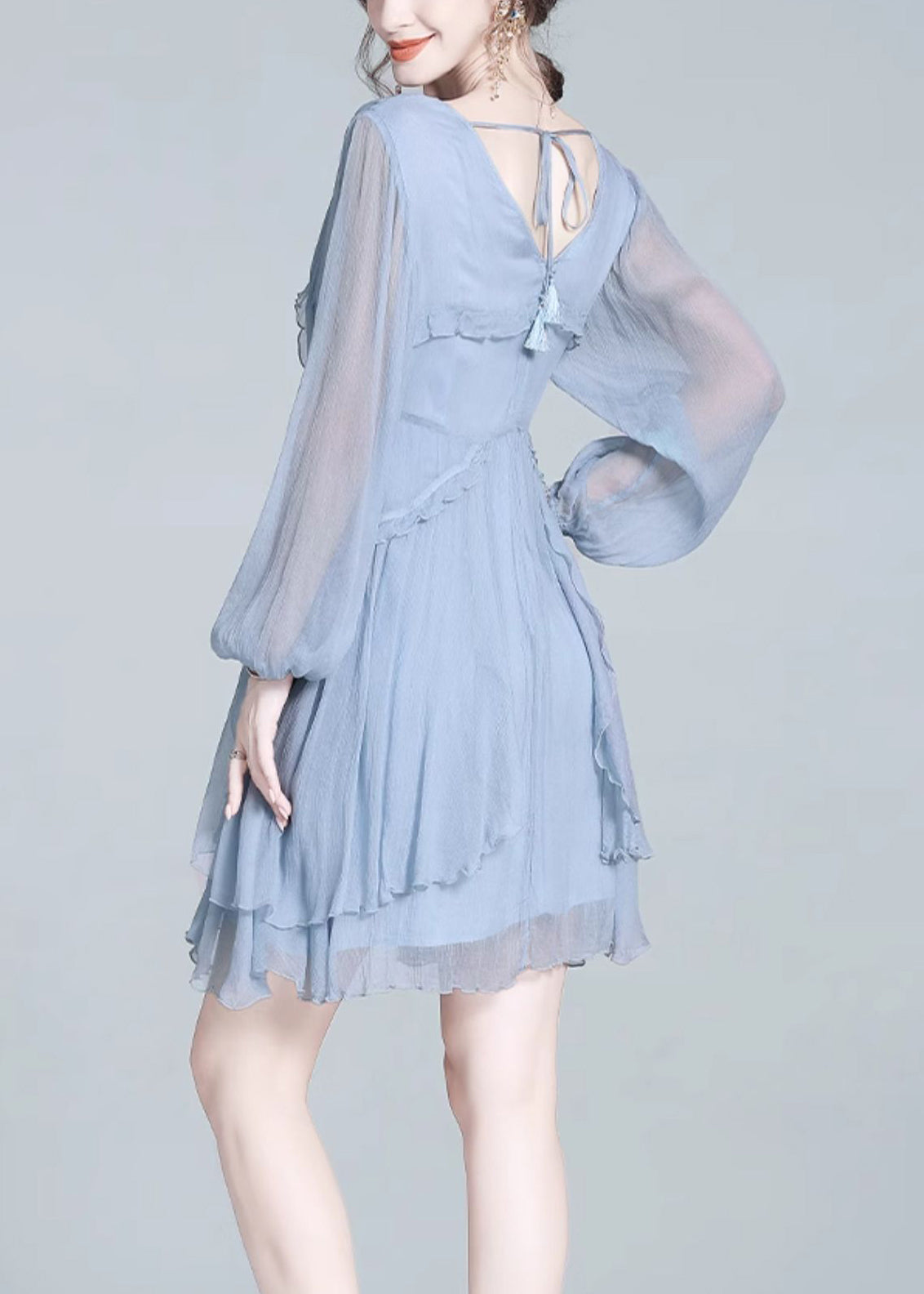 Loose Blue V Neck Ruffled Chiffon Mid Dress Fall