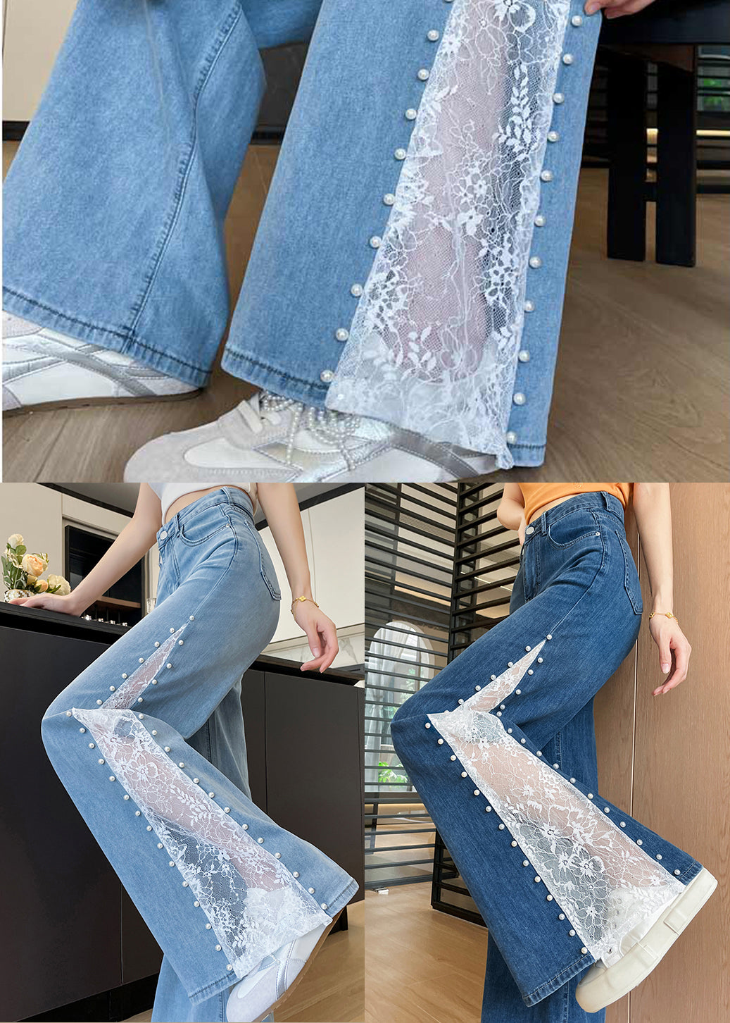 Fine Blue Hollow Out Patchwork Lace Denim Flared Trousers Fall