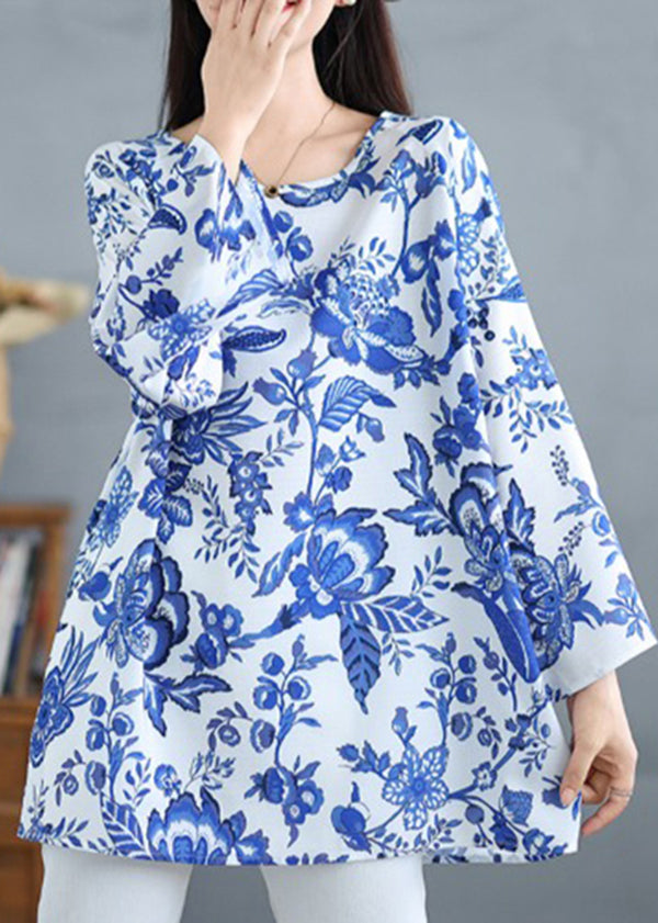 Blue O Neck Print Cotton Tops Fall