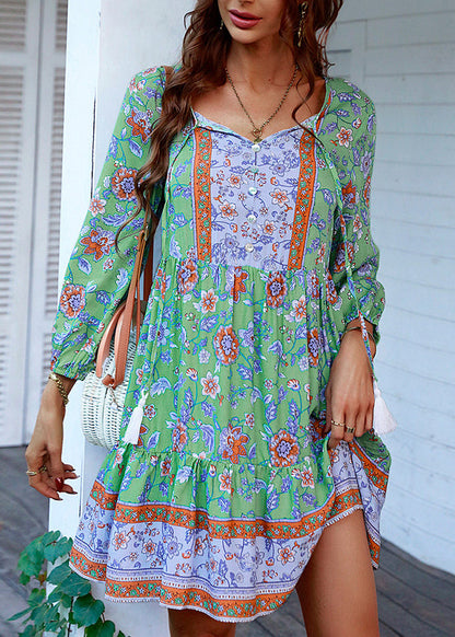 Blue V Neck Print Wrinkled Cotton Mid Dress Summer