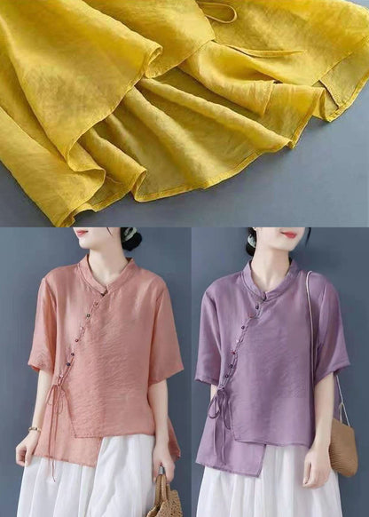 Yellow Stand Collar Asymmetrical Design Shirt Top Half Sleeve