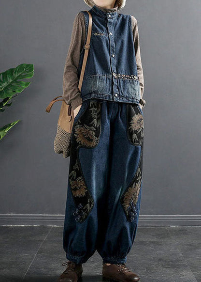 Art Denim Blue Elastic Waist Print Pockets Cotton Harem Pants Trousers Fall