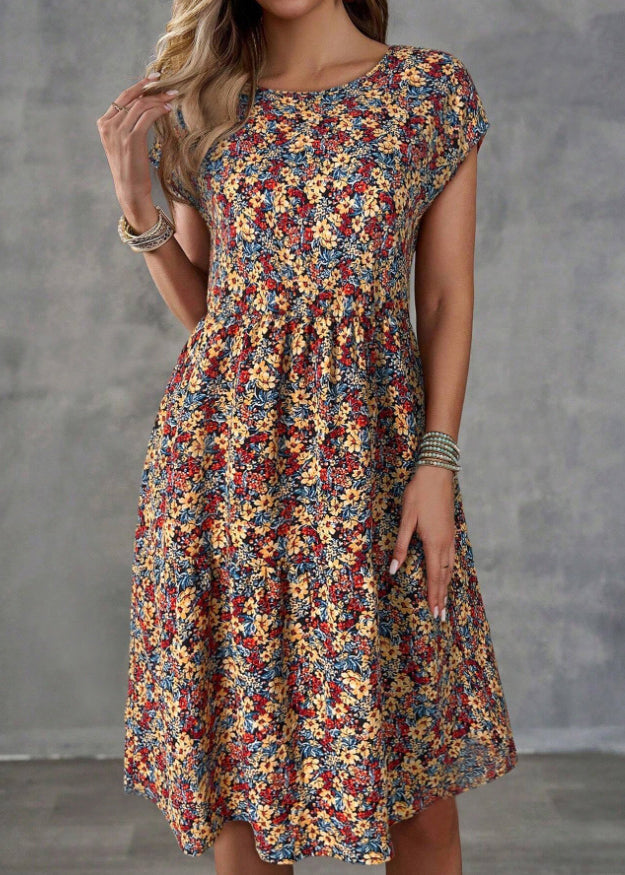 Classy Green O Neck Print Elastic Waist Cotton Dresses Summer