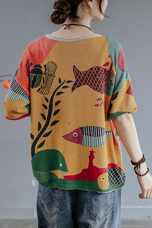 New Style Small Fish Print Sweater Loose Knit Sweater Top
