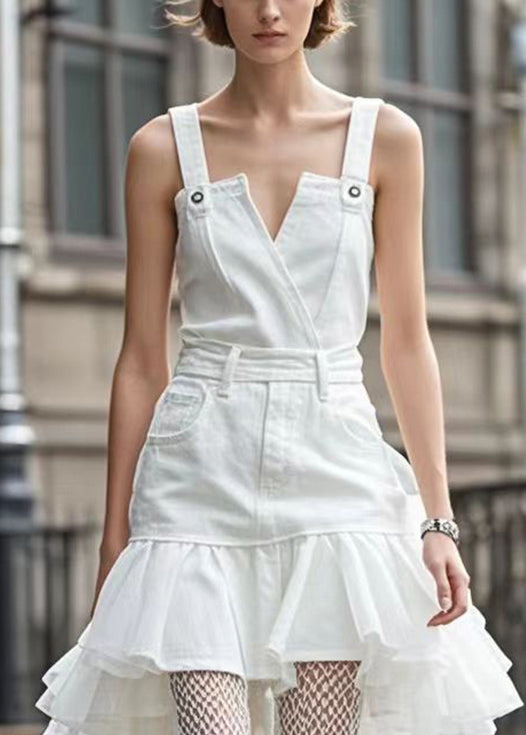 White Ruffles Patchwork Organza Denim Dress Summer