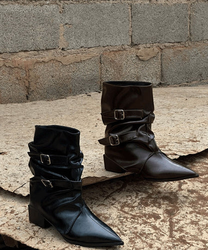 Splicing Chunky Boots Black Faux Leather Pointed Toe