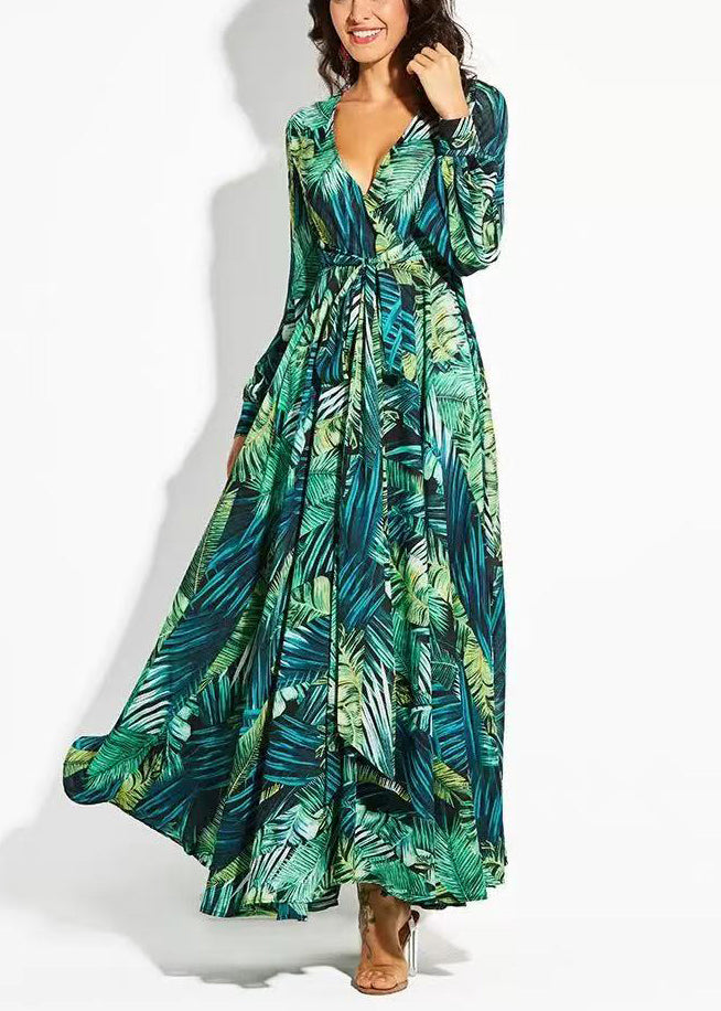 Green V Neck Print Lace Up Cotton Maxi Dresses Spring