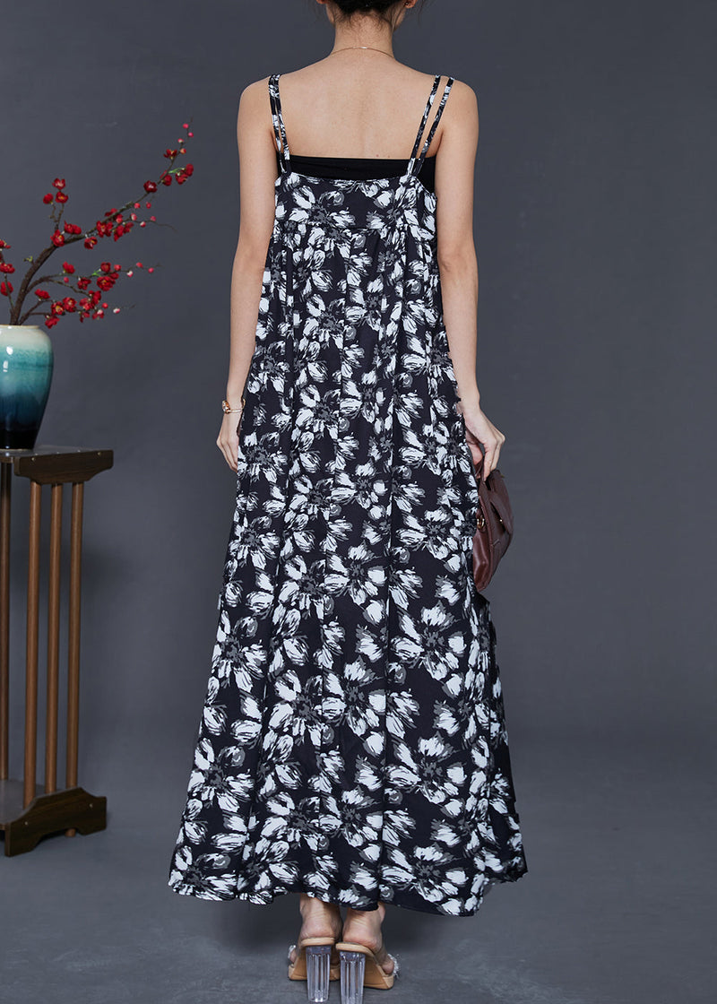 Black Print Exra Large Hem Chiffon Sundress Summer