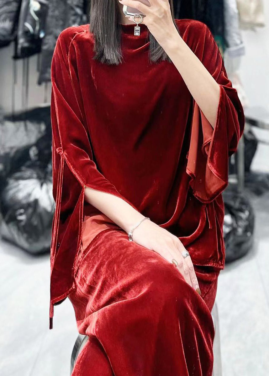 French Red Button Side Open Silk Velour Tops Long Sleeve