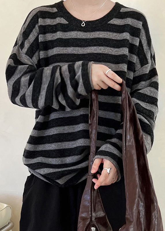 Coffee O-neck Striped Woolen Top Long Sleeve