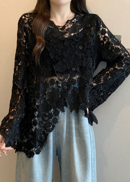 Black O-neck Asymmetrical Lace Upf 50+ Coat Spring