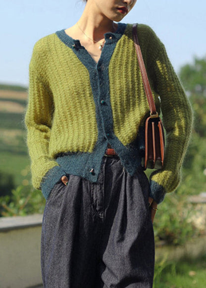 Green Button Patchwork Cozy Knit Top Long Sleeve