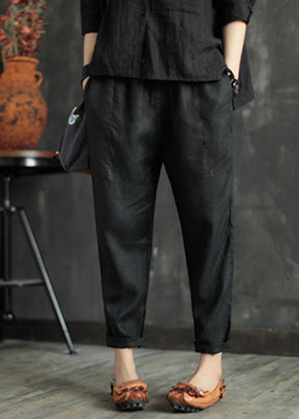 Loose Black High Waist Patchwork Linen Pants Summer
