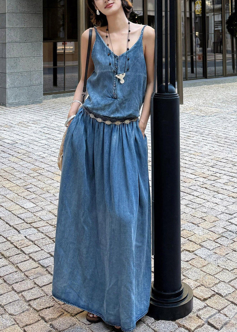 Organic Denim Blue V Neck Pockets Patchwork Long Spaghetti Strap Dress Sleeveless