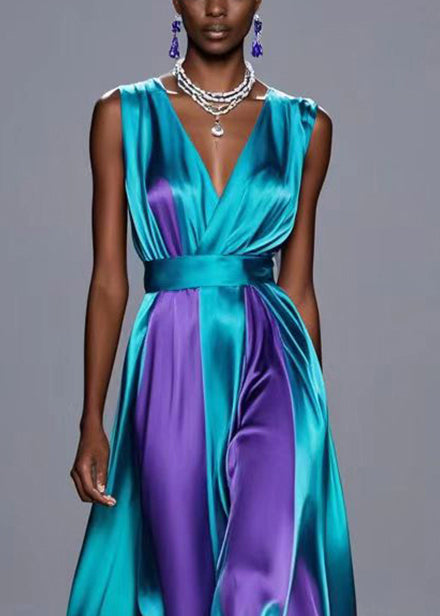 Dull Green Cinched Patchwork Silk Vacation Dresses Sleeveless