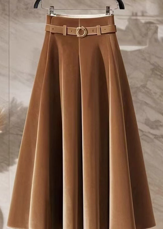 New Coffee High Waist Silk Velvet Skirts Spring