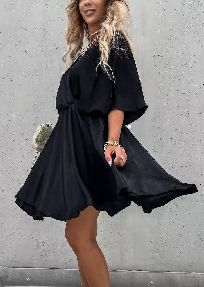 Olive Green V Neck Cotton Mid Dress Half Sleeve