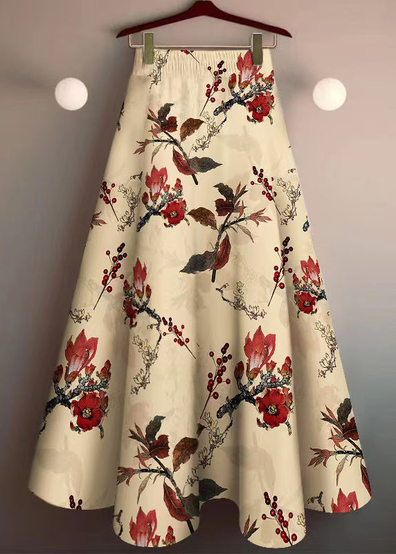 Khaki Print Elastic Waist Cotton Skirt Summer