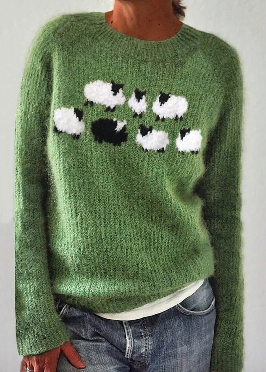 Jacquard Green O-neck Cozy Knit Sweaters Fall