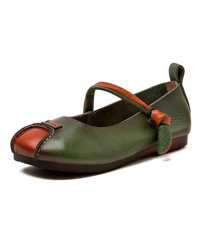 Retro Green Cowhide Leather Splicing Flat Feet Shoes Buckle Strap