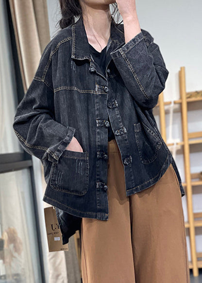 Black Peter Pan Collar Button Pockets Denim Coats Long Sleeve